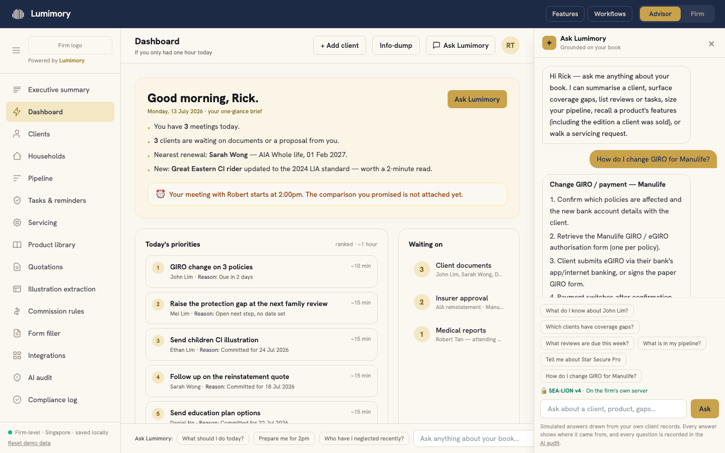 Ask Lumimory: the question, the carrier steps in reply, and the model running on the firm’s own server
