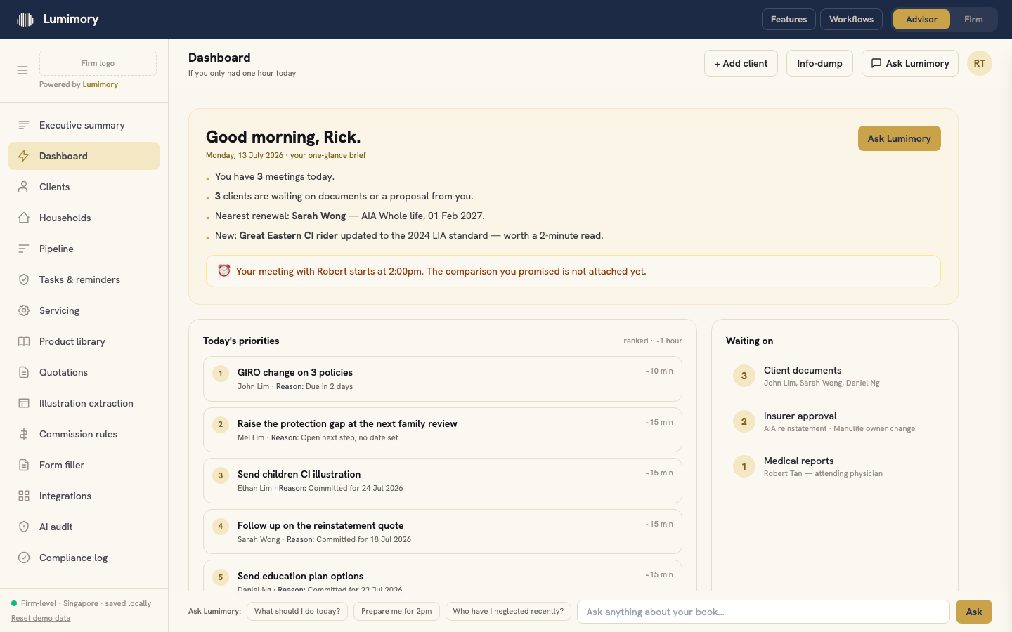 Lumimory advisor dashboard: the morning brief